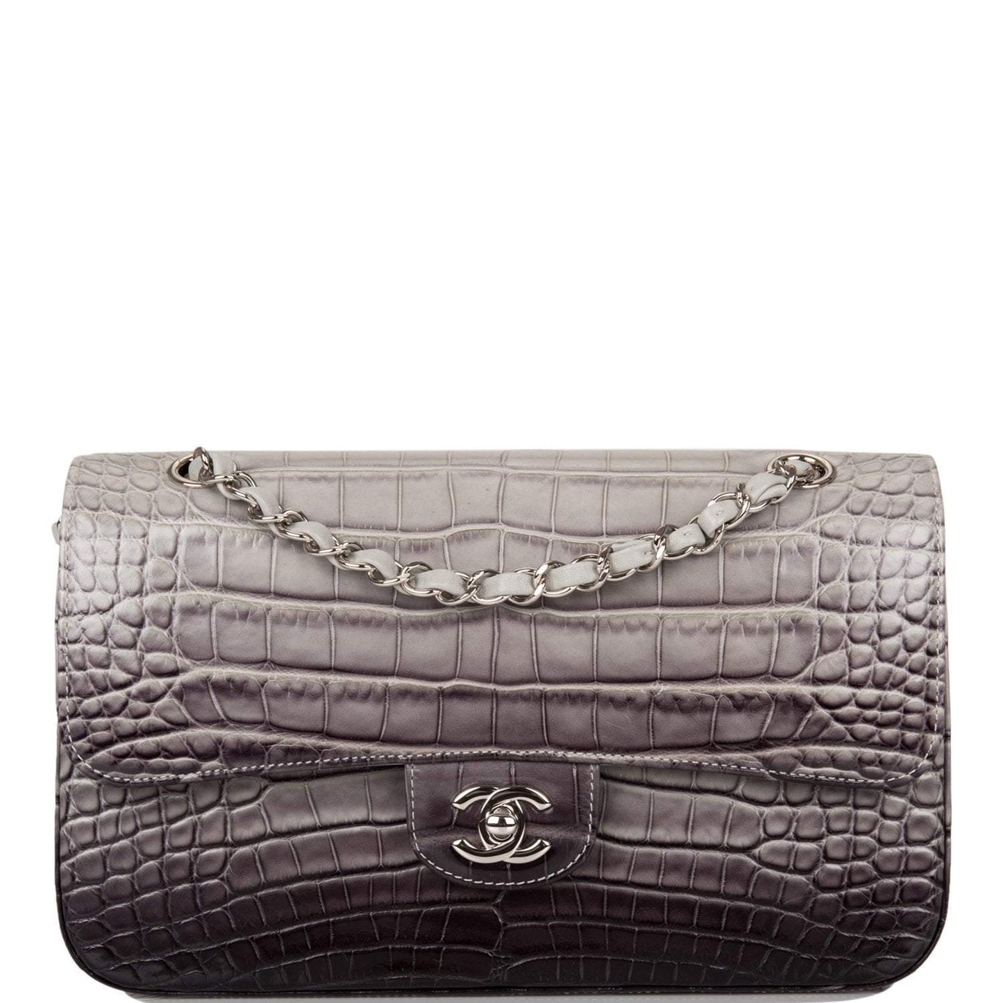 Chanel Ombre Grey Matte Alligator Medium Classic Double Flap Bag Silver Hardware