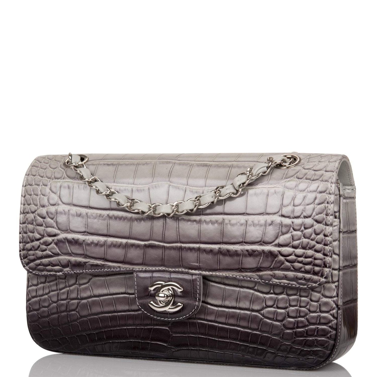 Chanel Ombre Grey Matte Alligator Medium Classic Double Flap Bag Silver Hardware