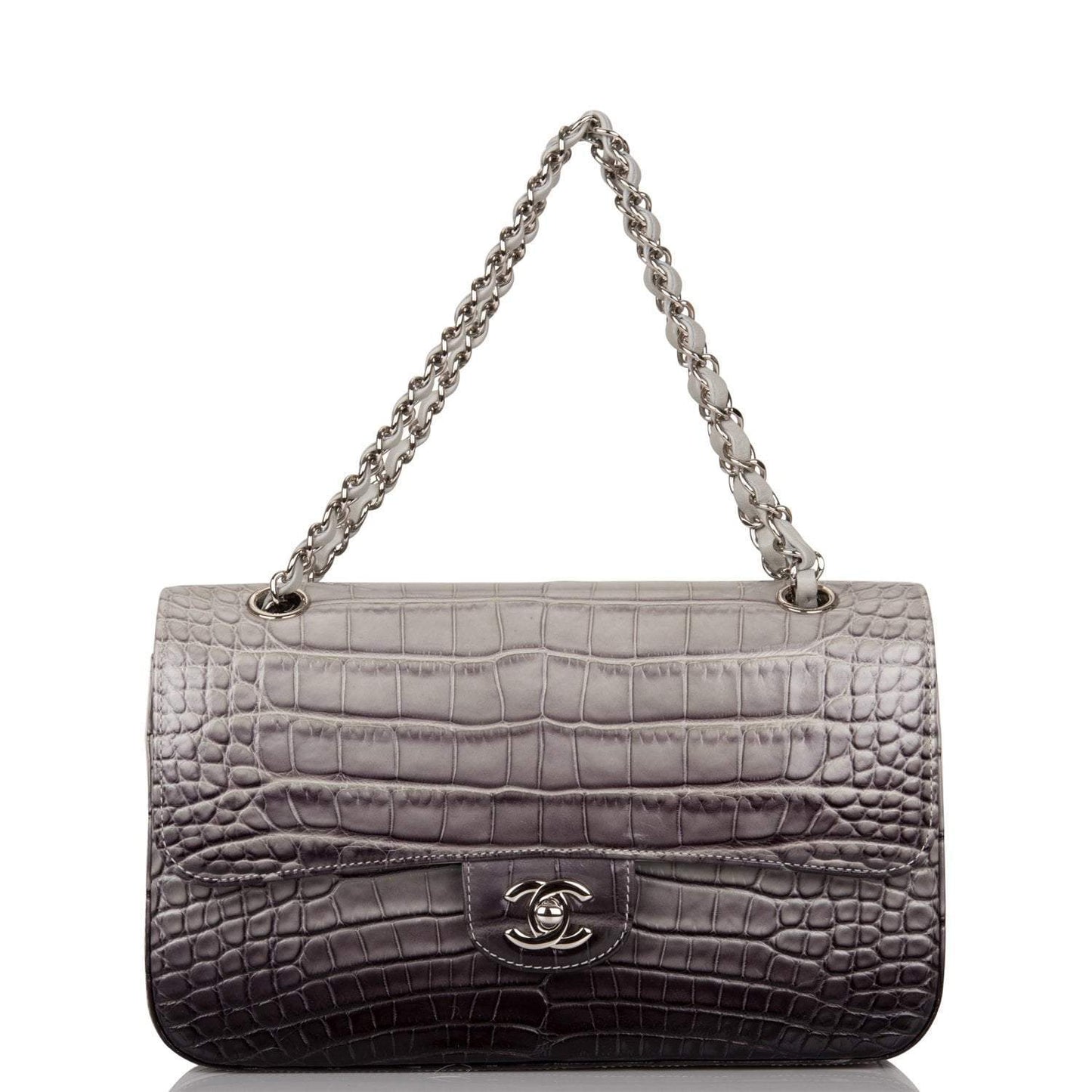 Chanel Ombre Grey Matte Alligator Medium Classic Double Flap Bag Silver Hardware