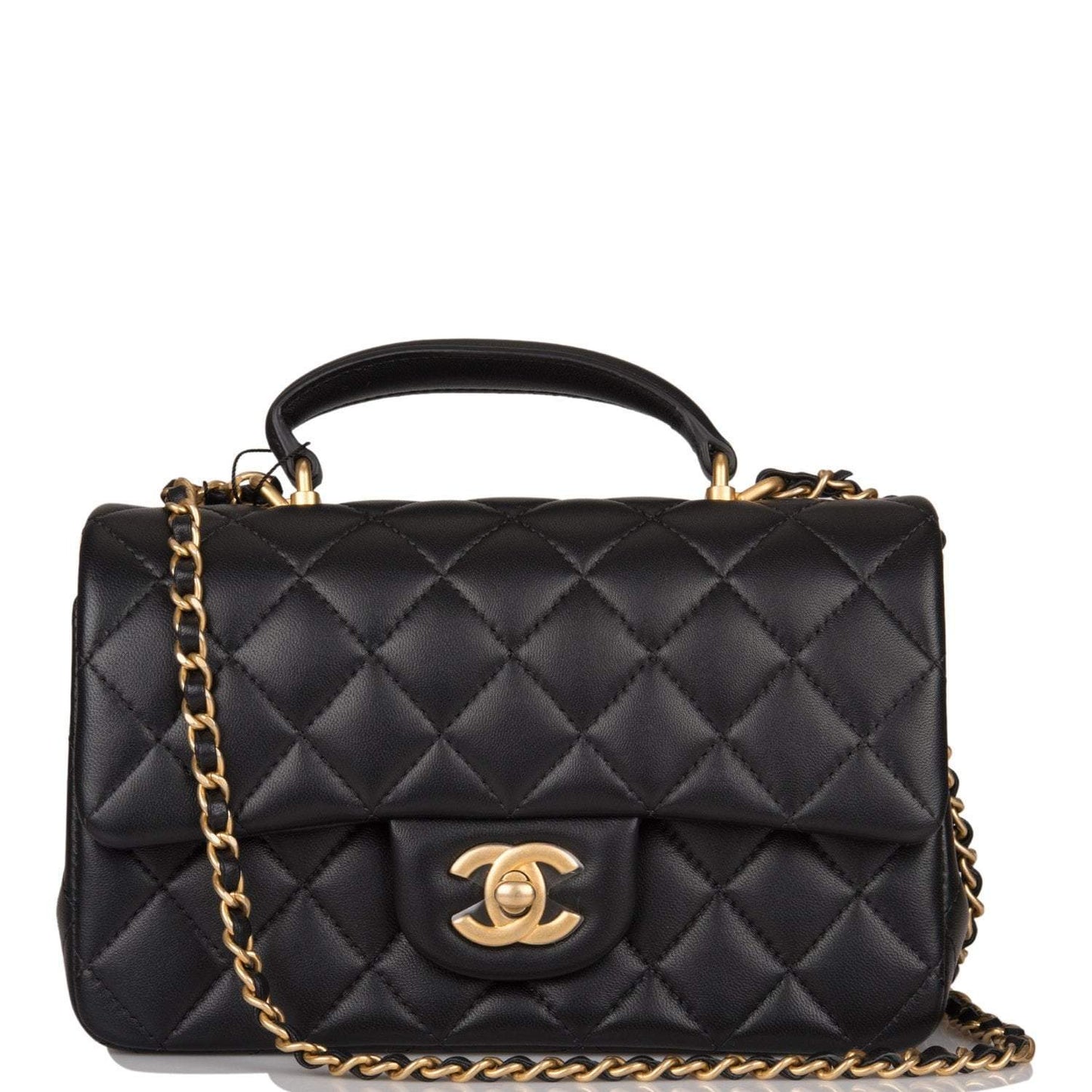 Chanel Black Quilted Lambskin Rectangular Mini Flap Bag with Top Handle Antique Gold Hardware