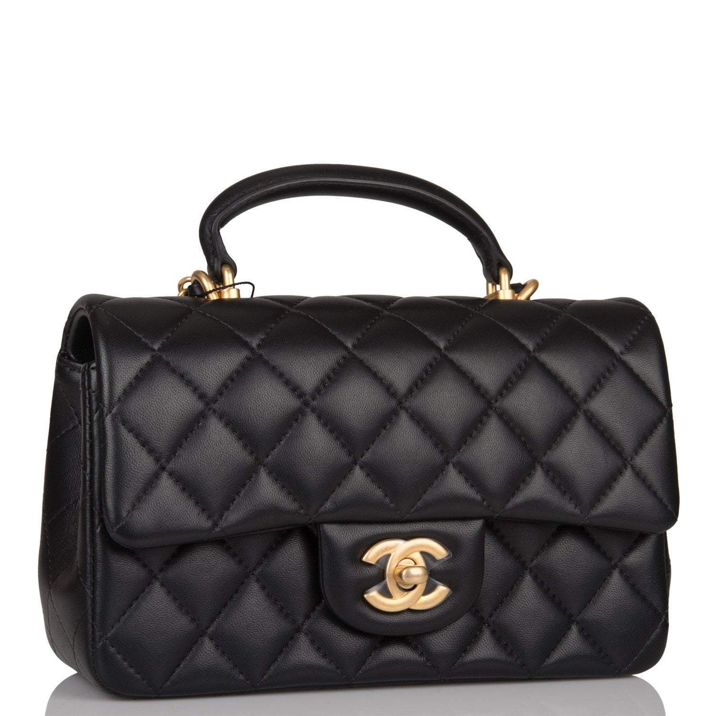 Chanel Black Quilted Lambskin Rectangular Mini Flap Bag with Top Handle Antique Gold Hardware