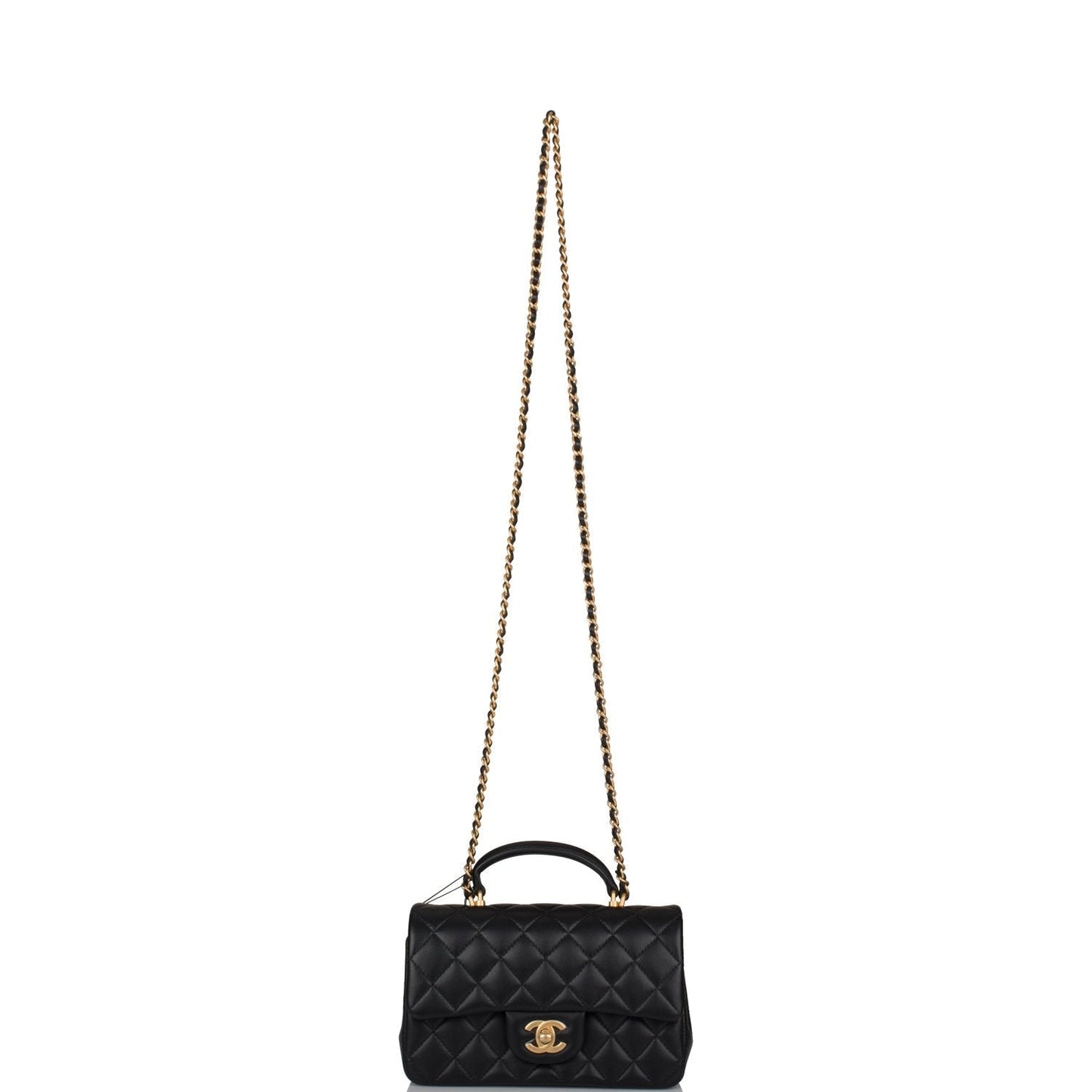 Chanel Black Quilted Lambskin Rectangular Mini Flap Bag with Top Handle Antique Gold Hardware