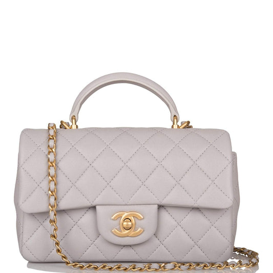 Chanel Grey Quilted Lambskin Rectangular Mini Flap Bag with Top Handle Antique Gold Hardware