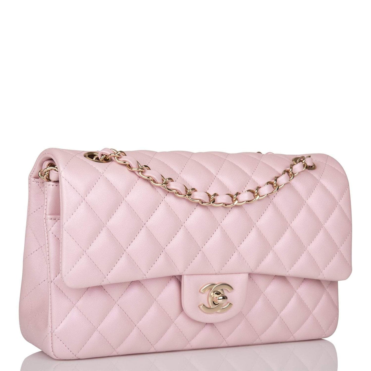 Chanel Metallic Pink Quilted Calfskin Medium Classic Double Flap Bag Light Gold Hardware