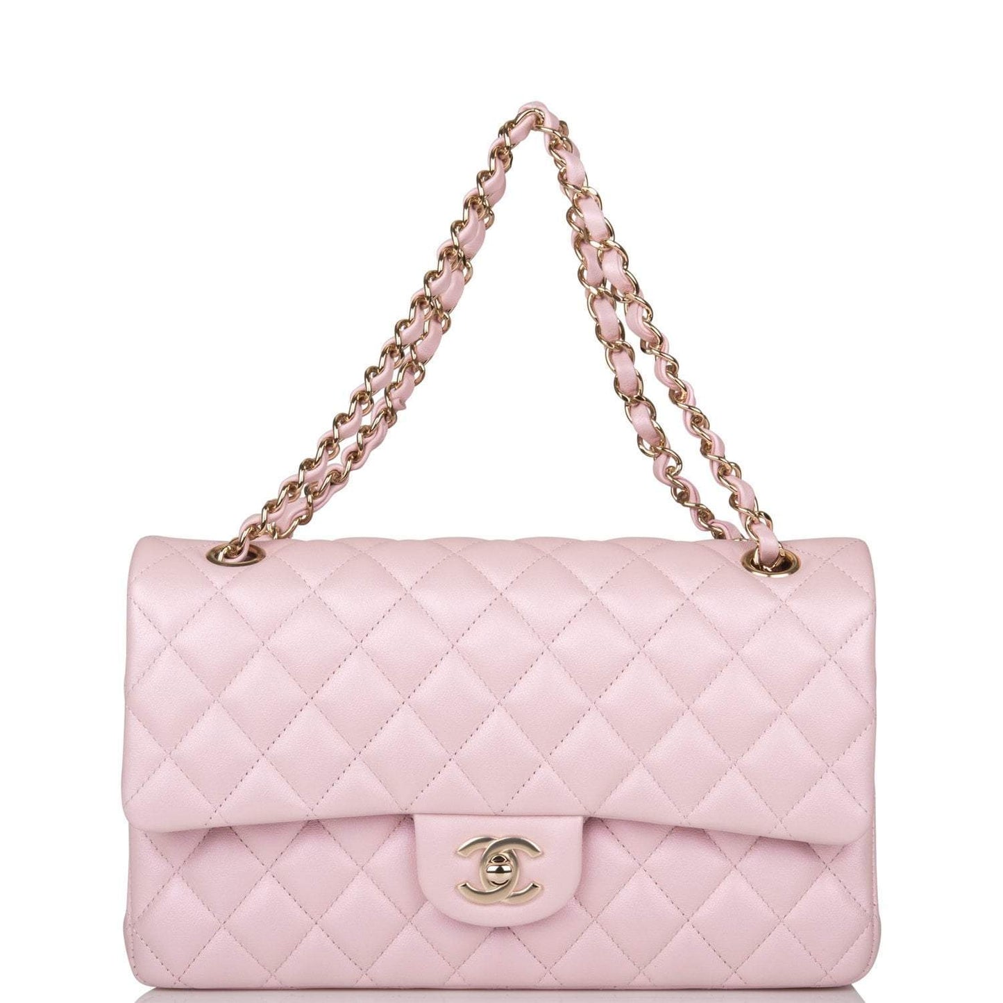 Chanel Metallic Pink Quilted Calfskin Medium Classic Double Flap Bag Light Gold Hardware