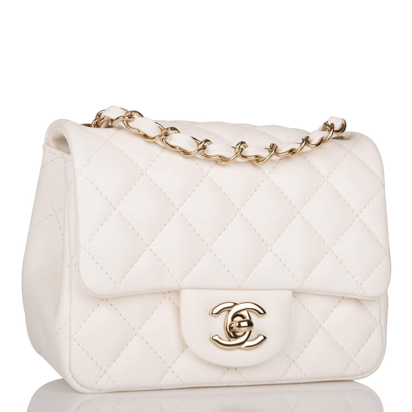 Chanel White Quilted Lambskin Square Mini Classic Flap Bag Light Gold Hardware