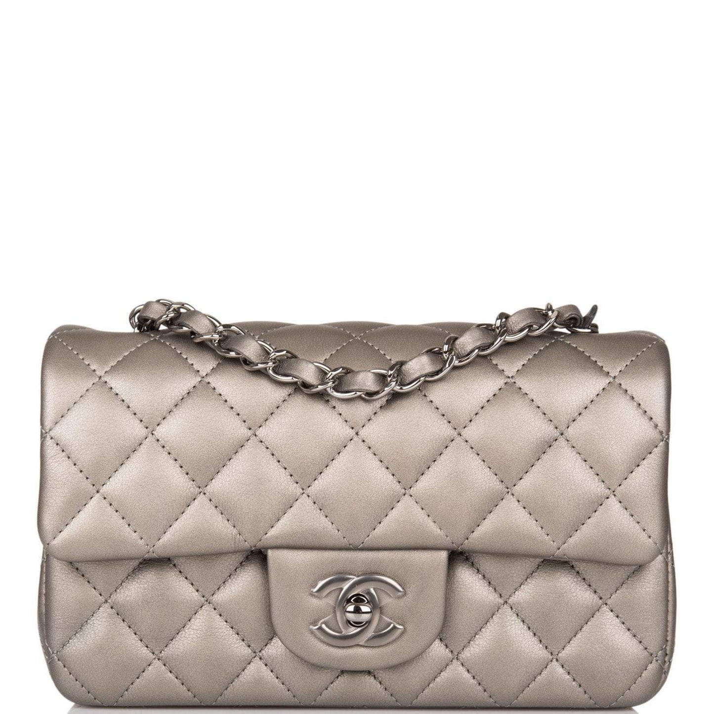 Chanel Mini Rectangular Flap Bag Ruthenium Metallic Lambskin Silver Hardware