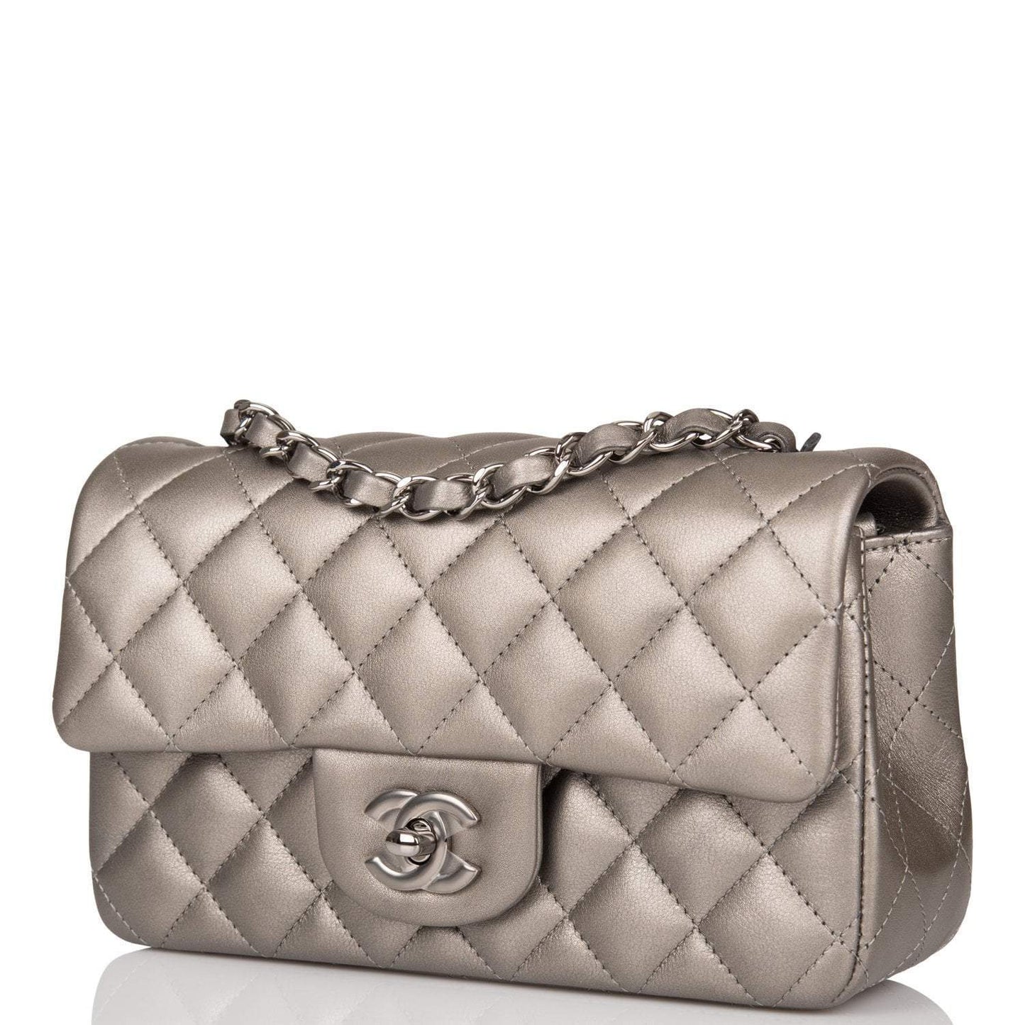 Chanel Mini Rectangular Flap Bag Ruthenium Metallic Lambskin Silver Hardware