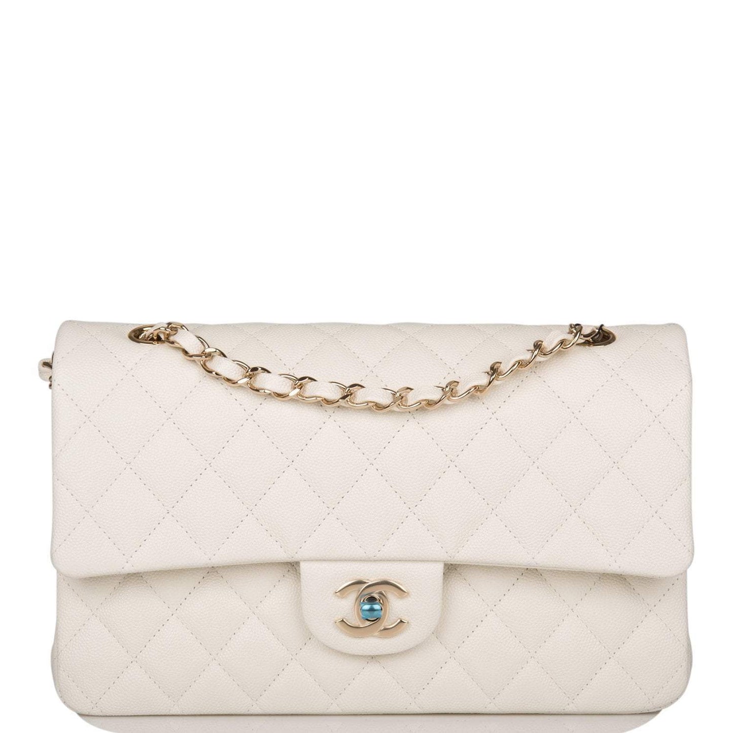 Chanel White Quilted Caviar Medium Classic Double Flap Bag Light Gold Hardware