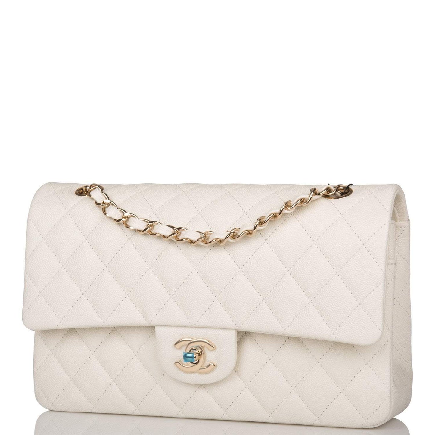 Chanel White Quilted Caviar Medium Classic Double Flap Bag Light Gold Hardware