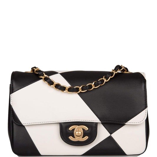 Chanel White and Black Geometric Lambskin Rectangular Mini Classic Flap Bag Antique Gold Hardware