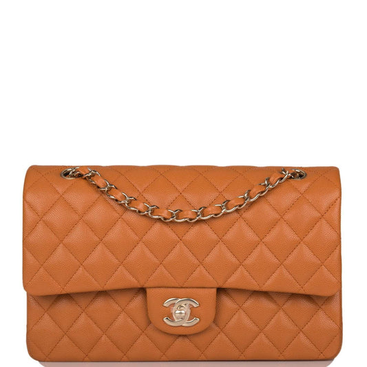 Chanel Caramel Brown Quilted Caviar Medium Classic Double Flap Bag Light Gold Hardware