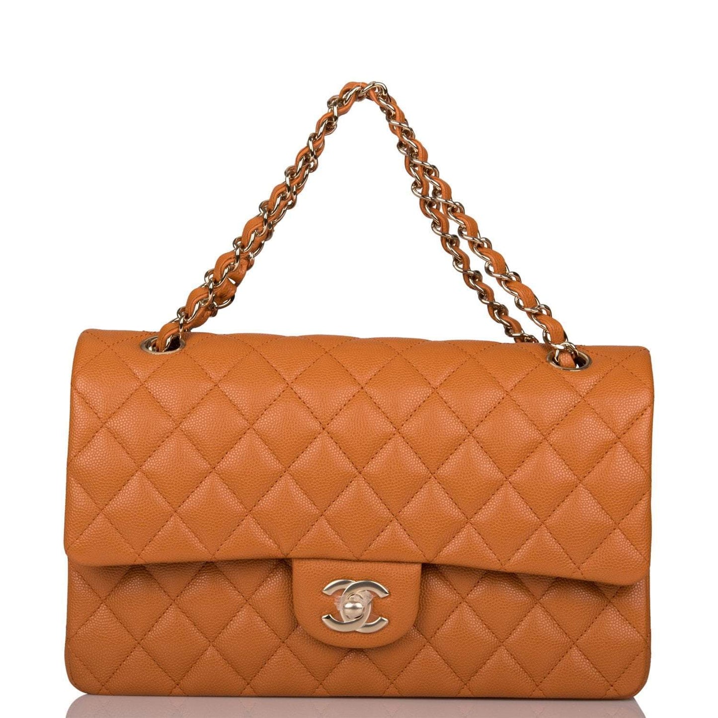 Chanel Caramel Brown Quilted Caviar Medium Classic Double Flap Bag Light Gold Hardware