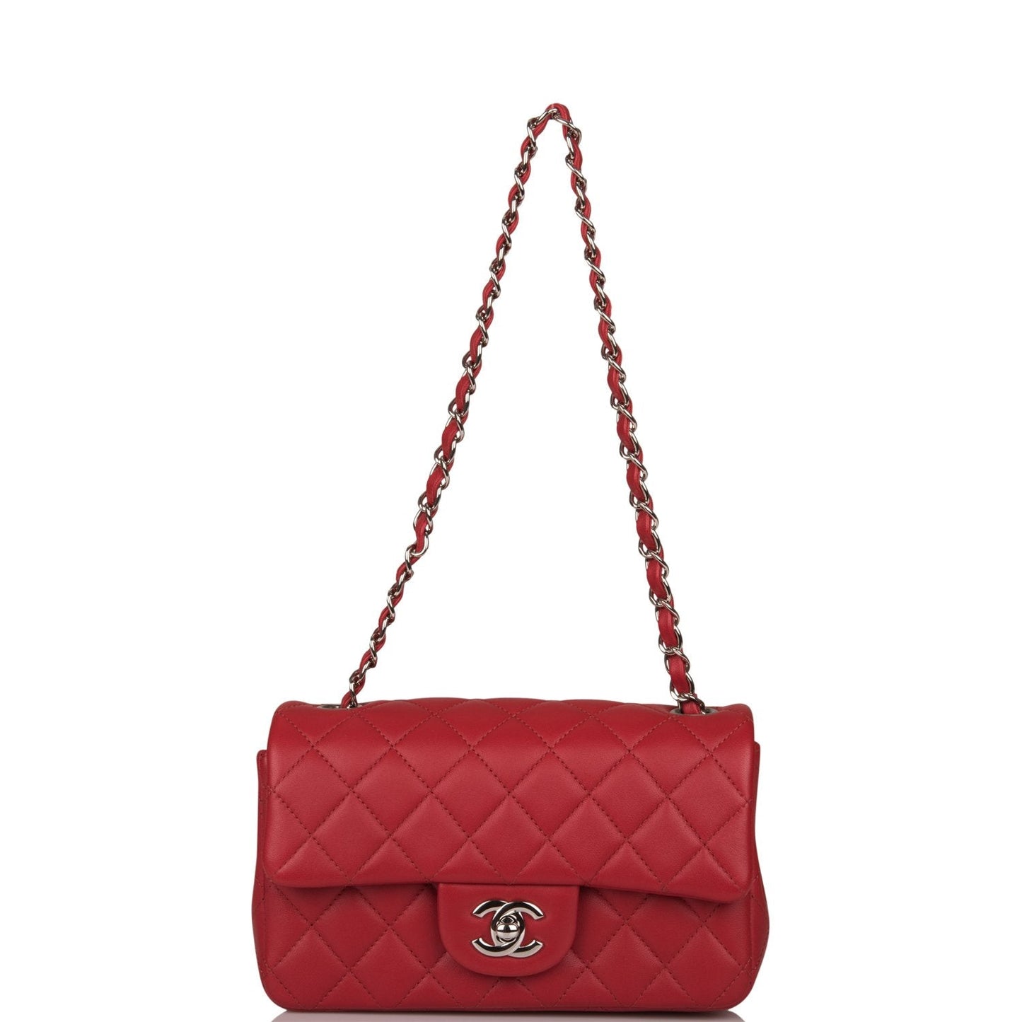 Chanel Mini Rectangular Flap Bag Red Lambskin Silver Hardware