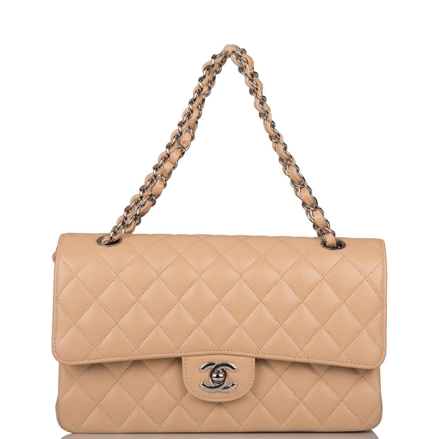 Chanel Medium Classic Double Flap Bag Beige Quilted Caviar Silver Hardware