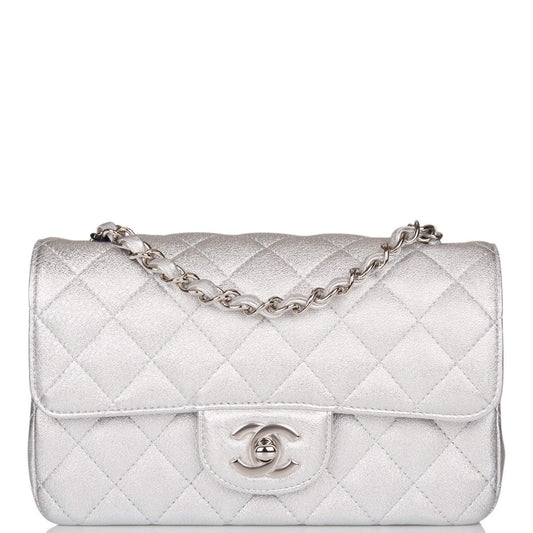 Chanel Mini Rectangular Flap Bag Silver Metallic Lambskin Silver Hardware