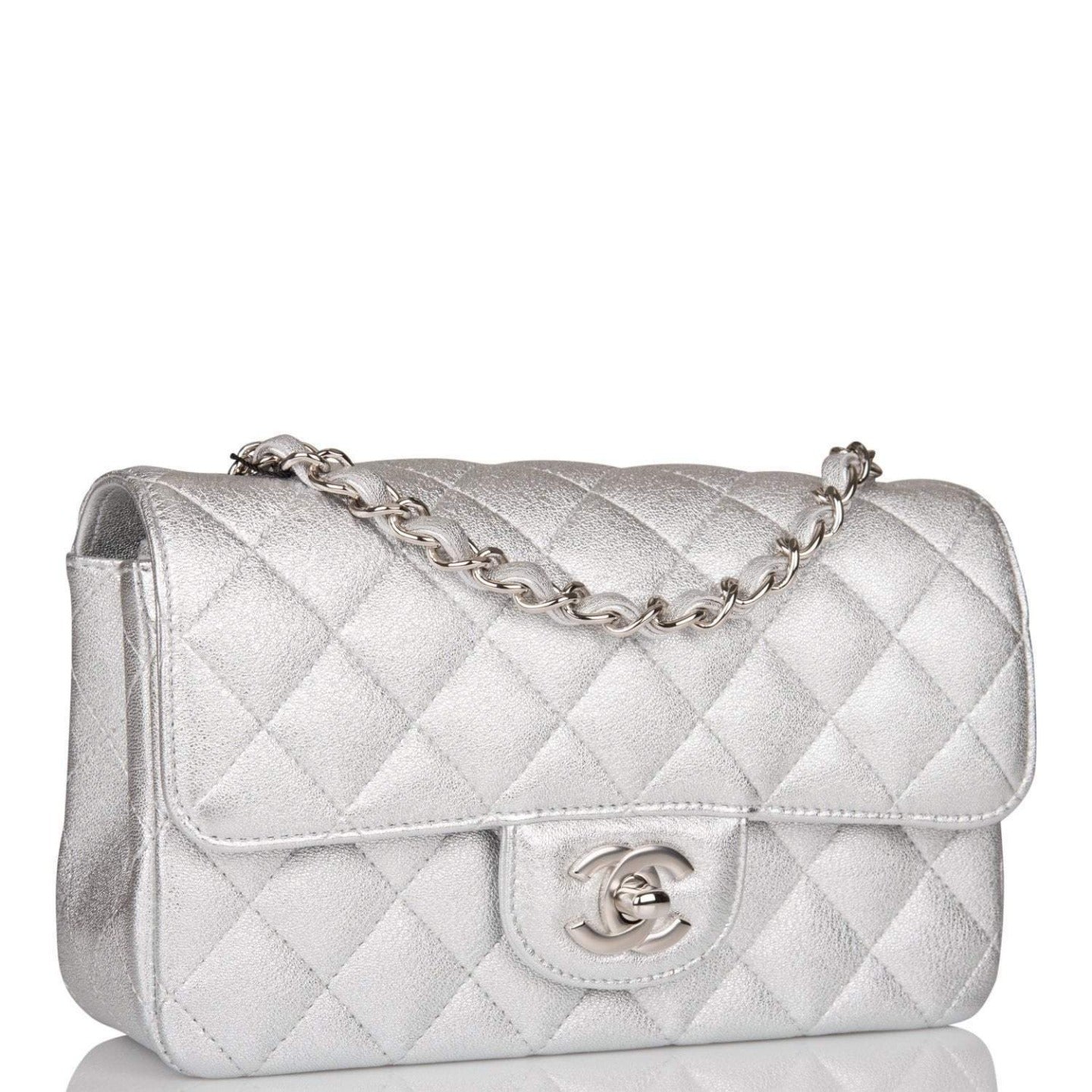 Chanel Mini Rectangular Flap Bag Silver Metallic Lambskin Silver Hardware