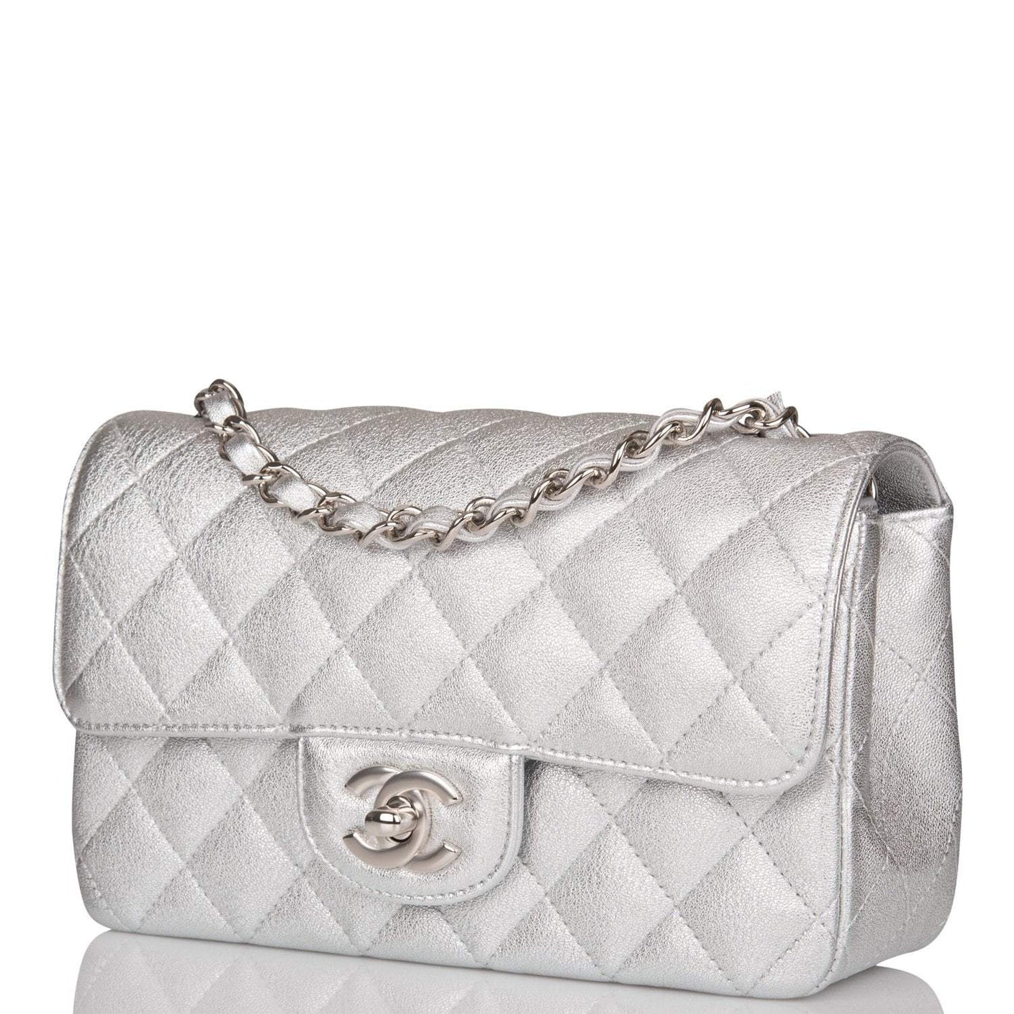 Chanel Mini Rectangular Flap Bag Silver Metallic Lambskin Silver Hardware