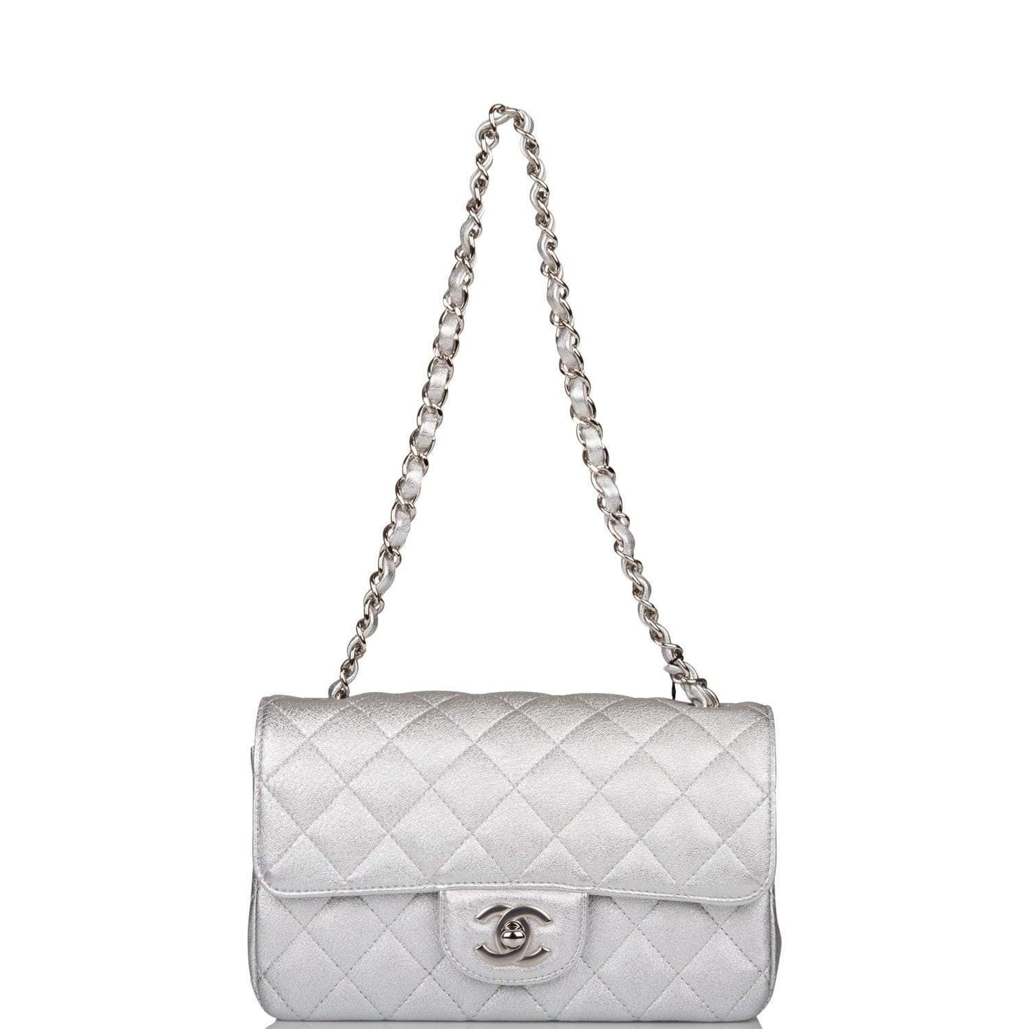 Chanel Mini Rectangular Flap Bag Silver Metallic Lambskin Silver Hardware