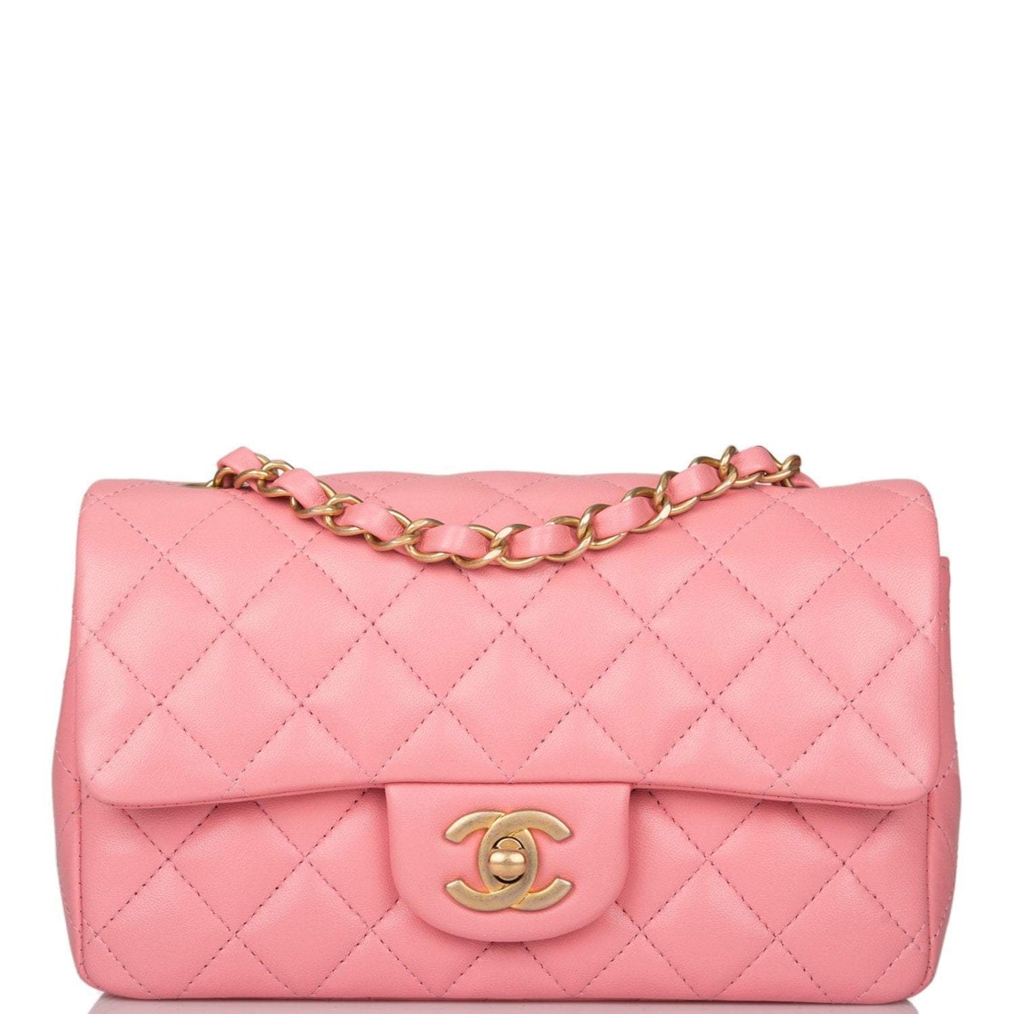 Chanel Pink Quilted Lambskin Rectangular Mini Classic Flap Bag Antique Gold Hardware