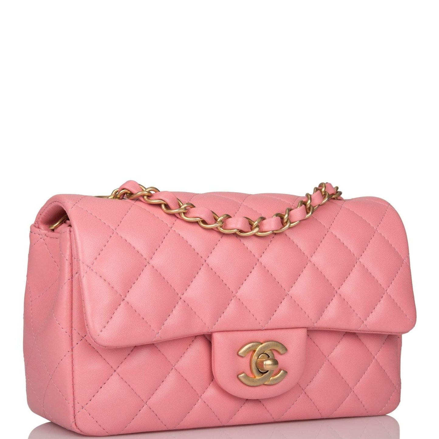 Chanel Pink Quilted Lambskin Rectangular Mini Classic Flap Bag Antique Gold Hardware