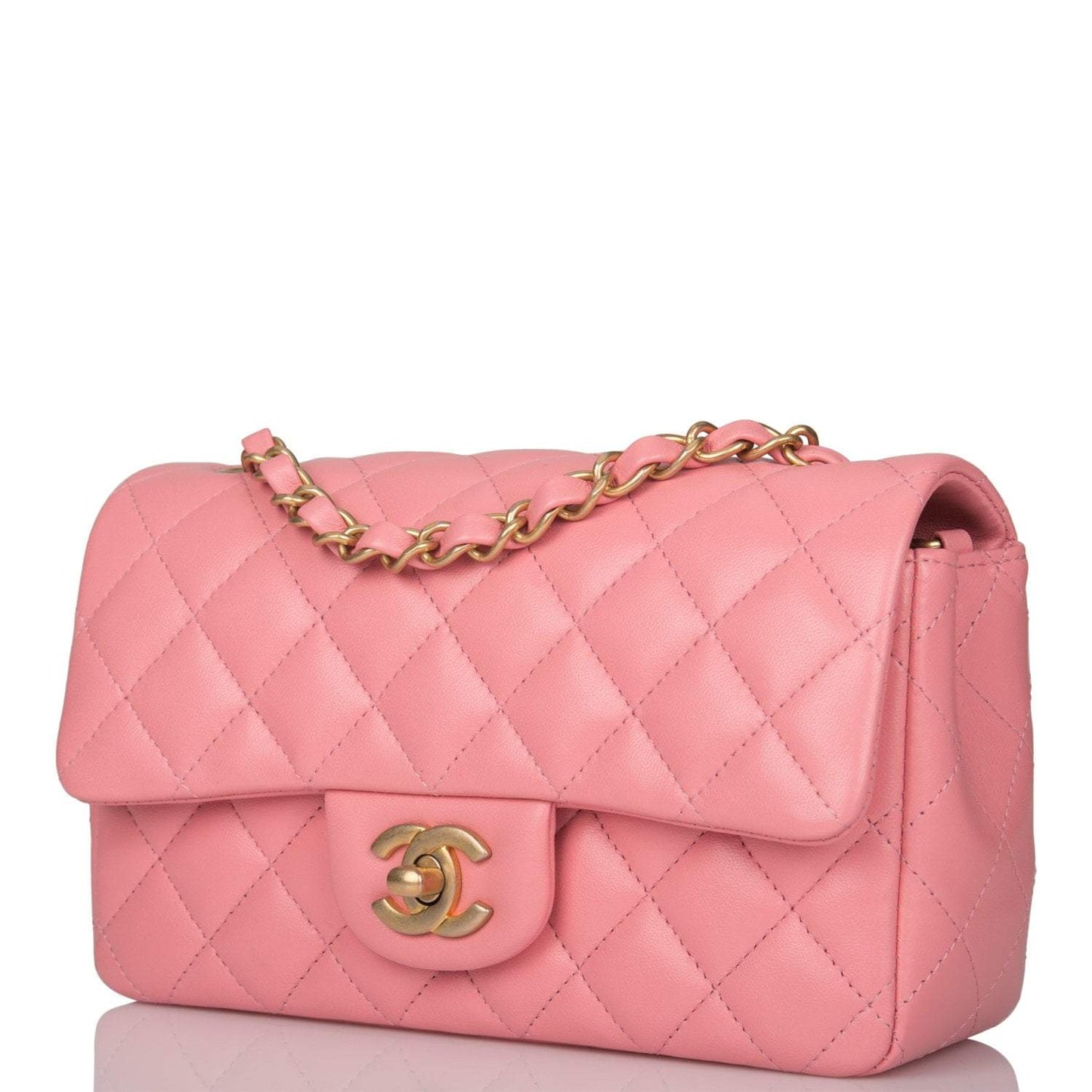 Chanel Pink Quilted Lambskin Rectangular Mini Classic Flap Bag Antique Gold Hardware