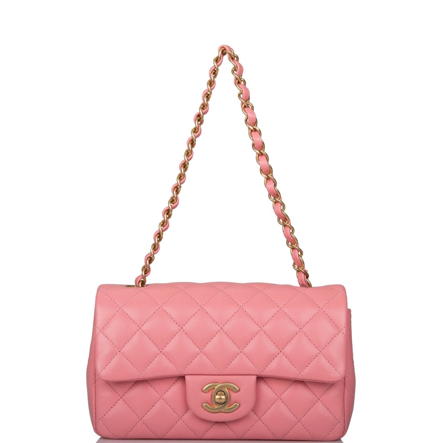 Chanel Pink Quilted Lambskin Rectangular Mini Classic Flap Bag Antique Gold Hardware