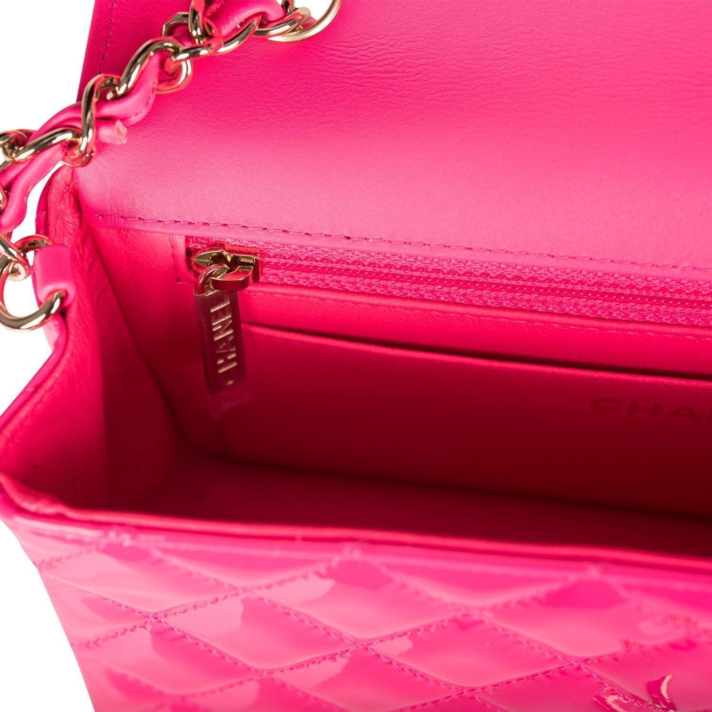 Chanel Pink Quilted Patent Rectangular Mini Classic Flap Bag Light Gold Hardware