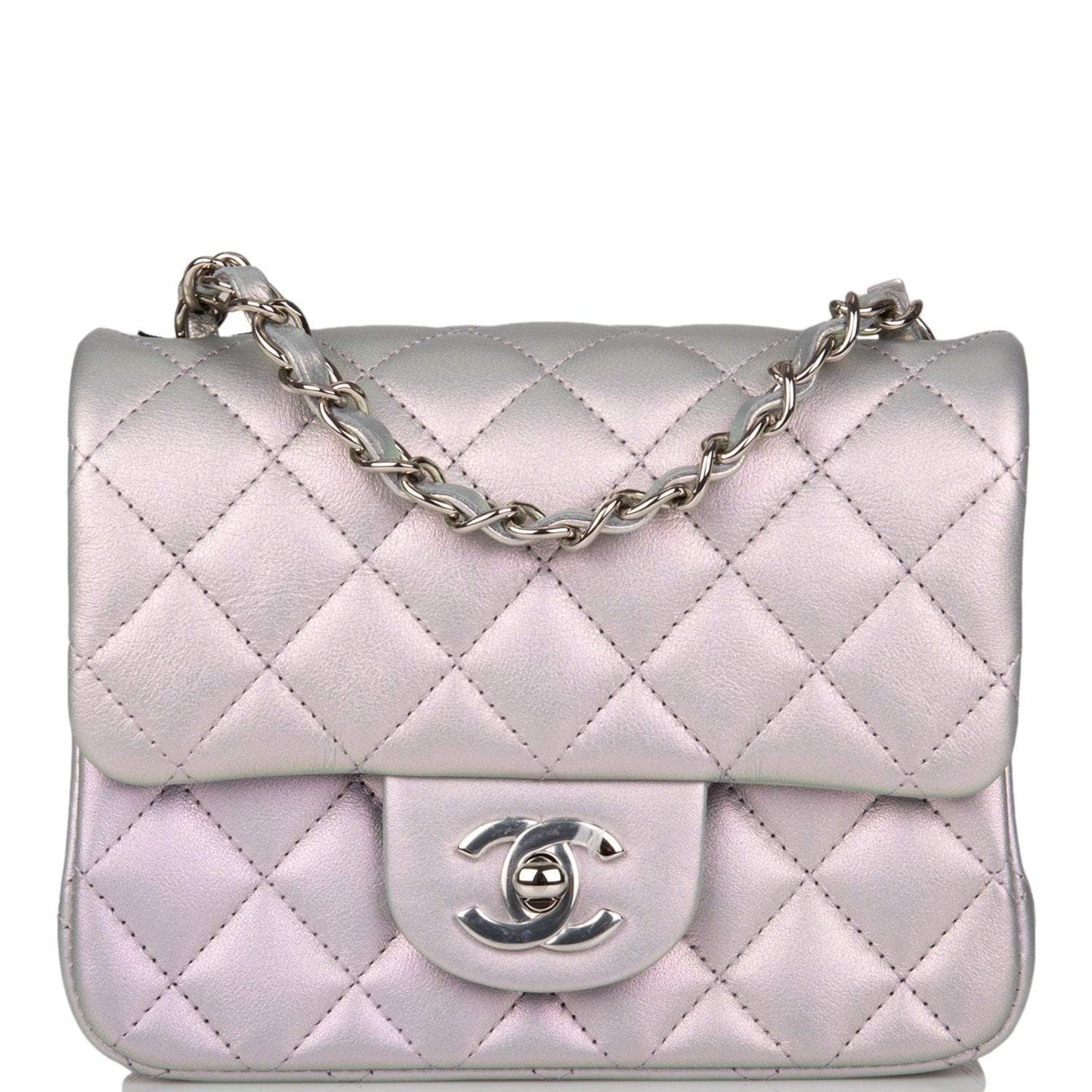 Chanel Mini Square Flap Bag Lavender Iridescent Lambskin Silver Hardware