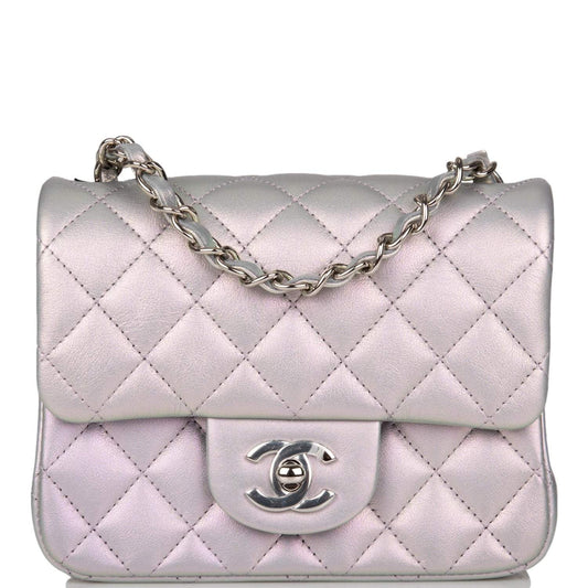 Chanel Mini Square Flap Bag Lavender Iridescent Lambskin Silver Hardware