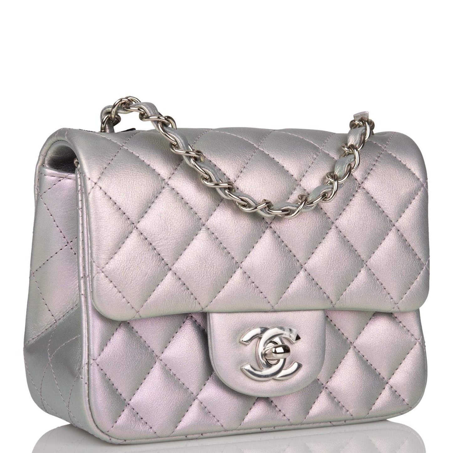 Chanel Mini Square Flap Bag Lavender Iridescent Lambskin Silver Hardware