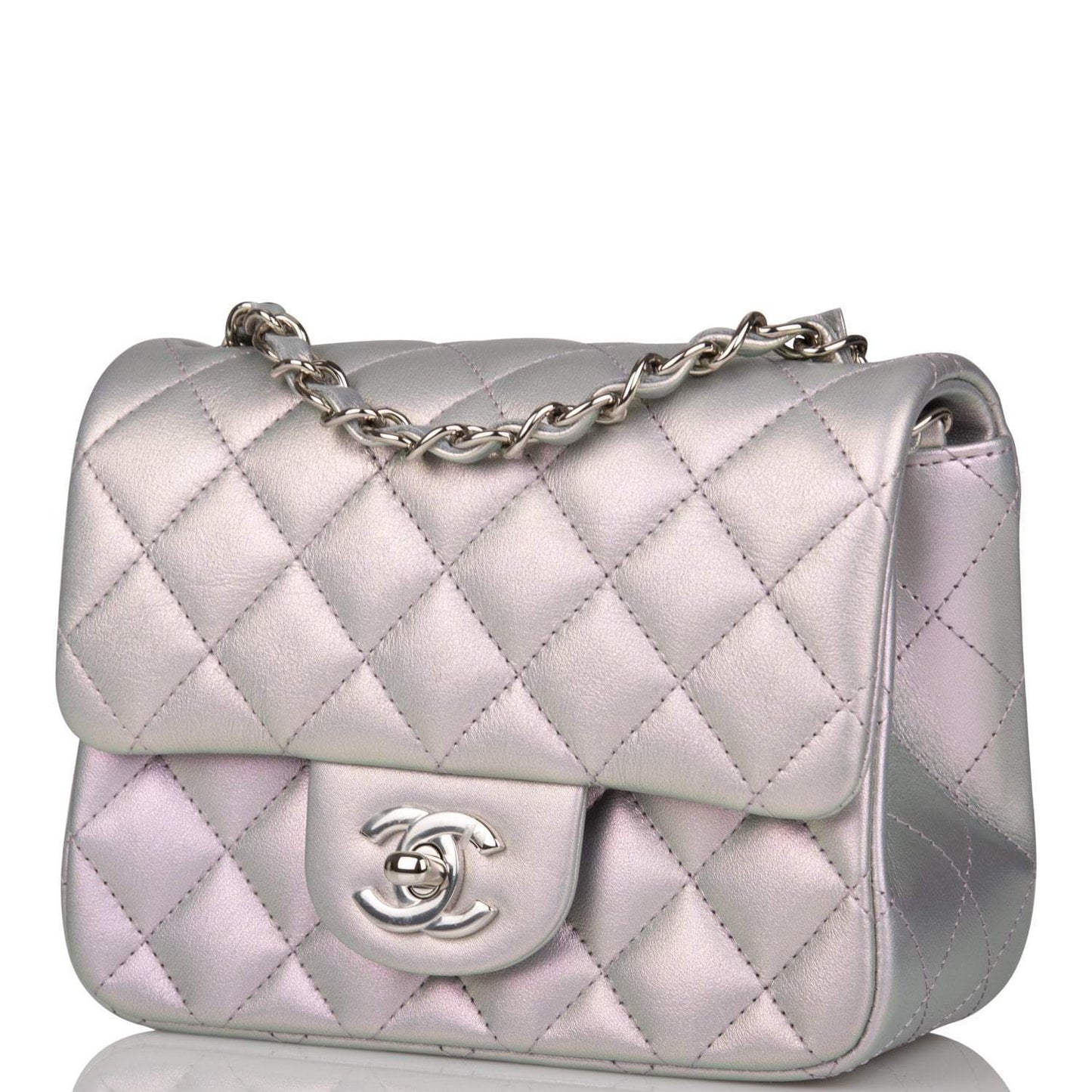 Chanel Mini Square Flap Bag Lavender Iridescent Lambskin Silver Hardware