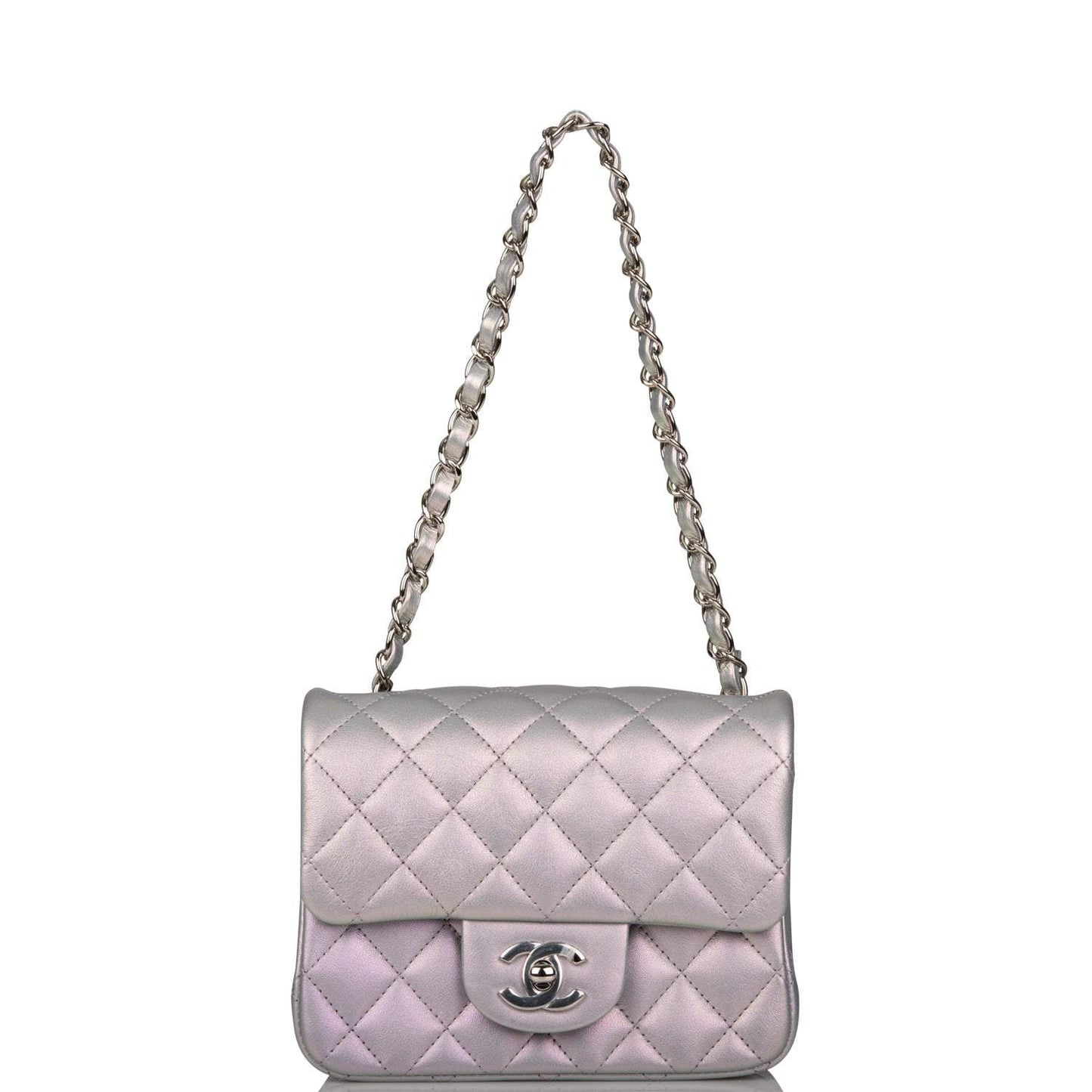 Chanel Mini Square Flap Bag Lavender Iridescent Lambskin Silver Hardware