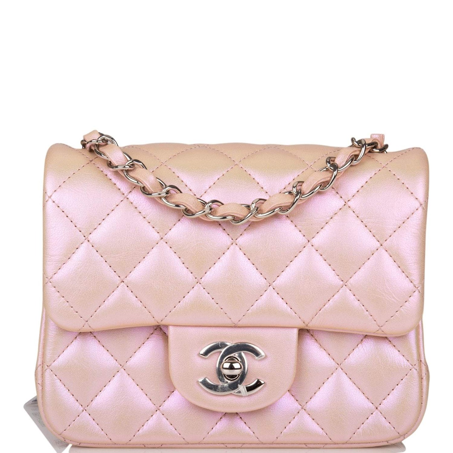 Chanel Mini Square Flap Bag Pink Iridescent Lambskin Silver Hardware