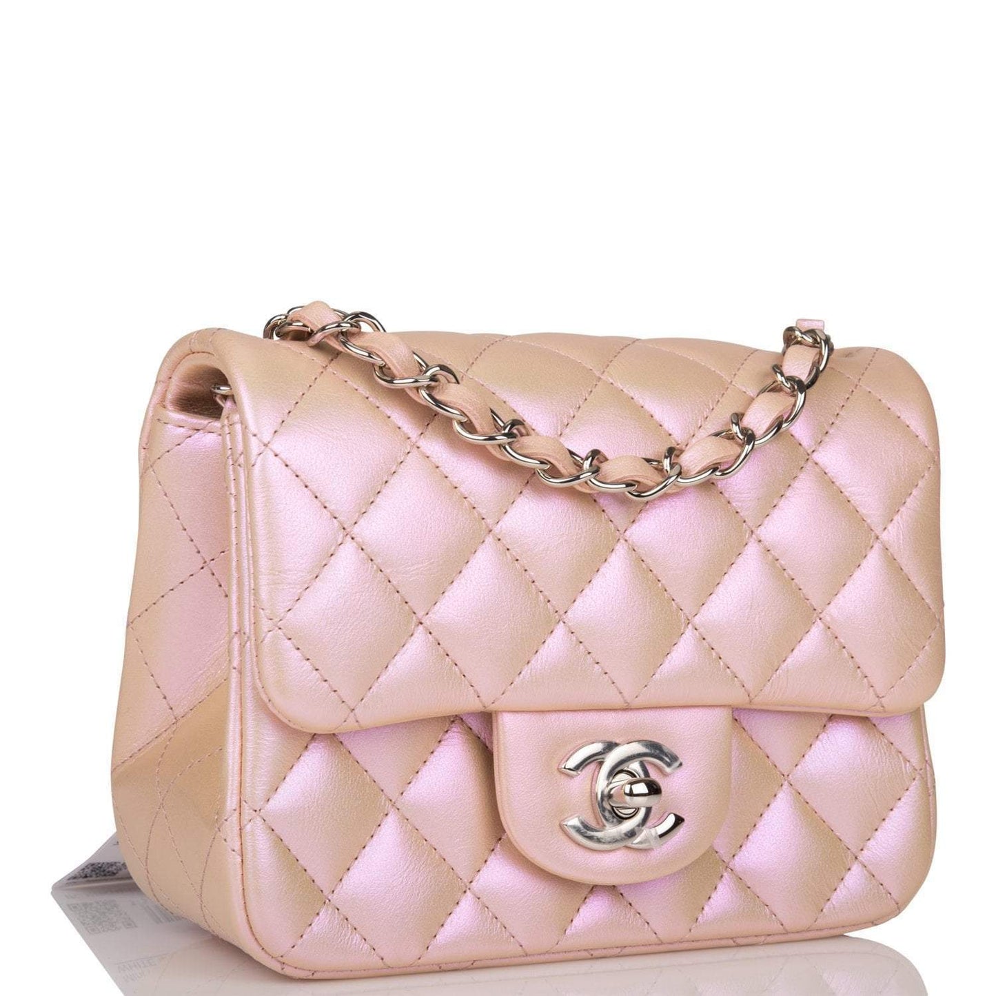 Chanel Mini Square Flap Bag Pink Iridescent Lambskin Silver Hardware