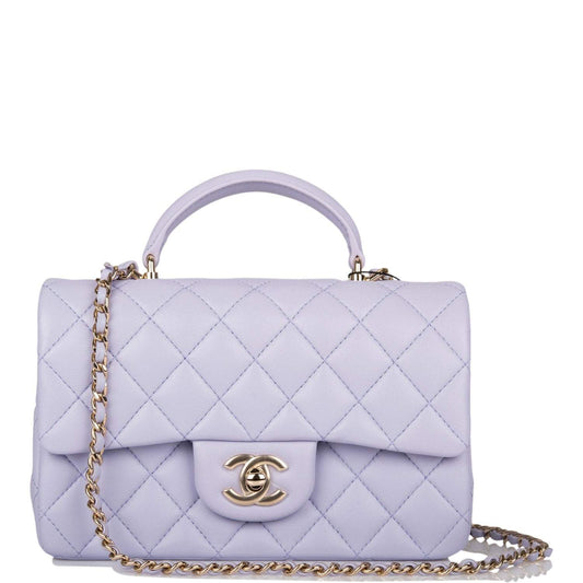 Chanel Rectangular Mini Flap Bag with Top Handle Lavender Quilted Lambskin  Light Gold Hardware