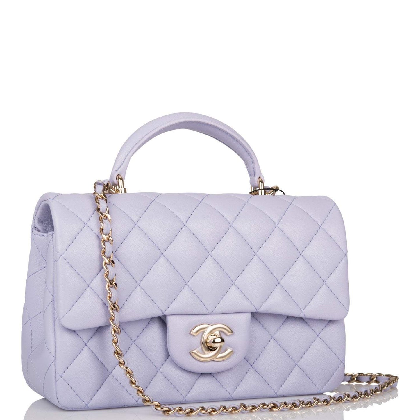 Chanel Rectangular Mini Flap Bag with Top Handle Lavender Quilted Lambskin  Light Gold Hardware