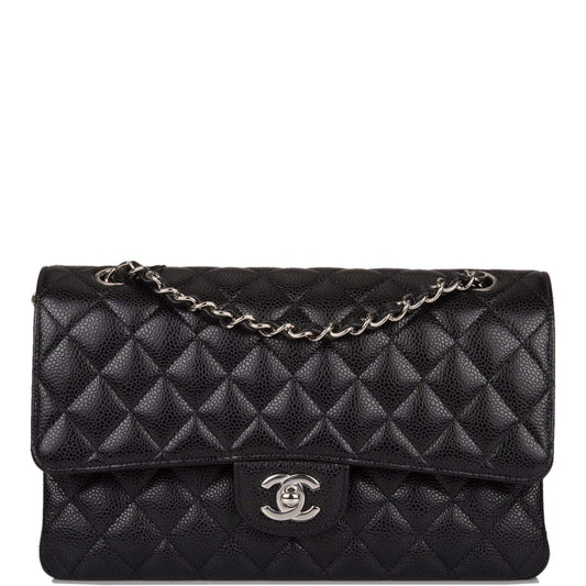 Chanel  Medium Classic Double Flap Bag Black Quilted Caviar Silver Hardware