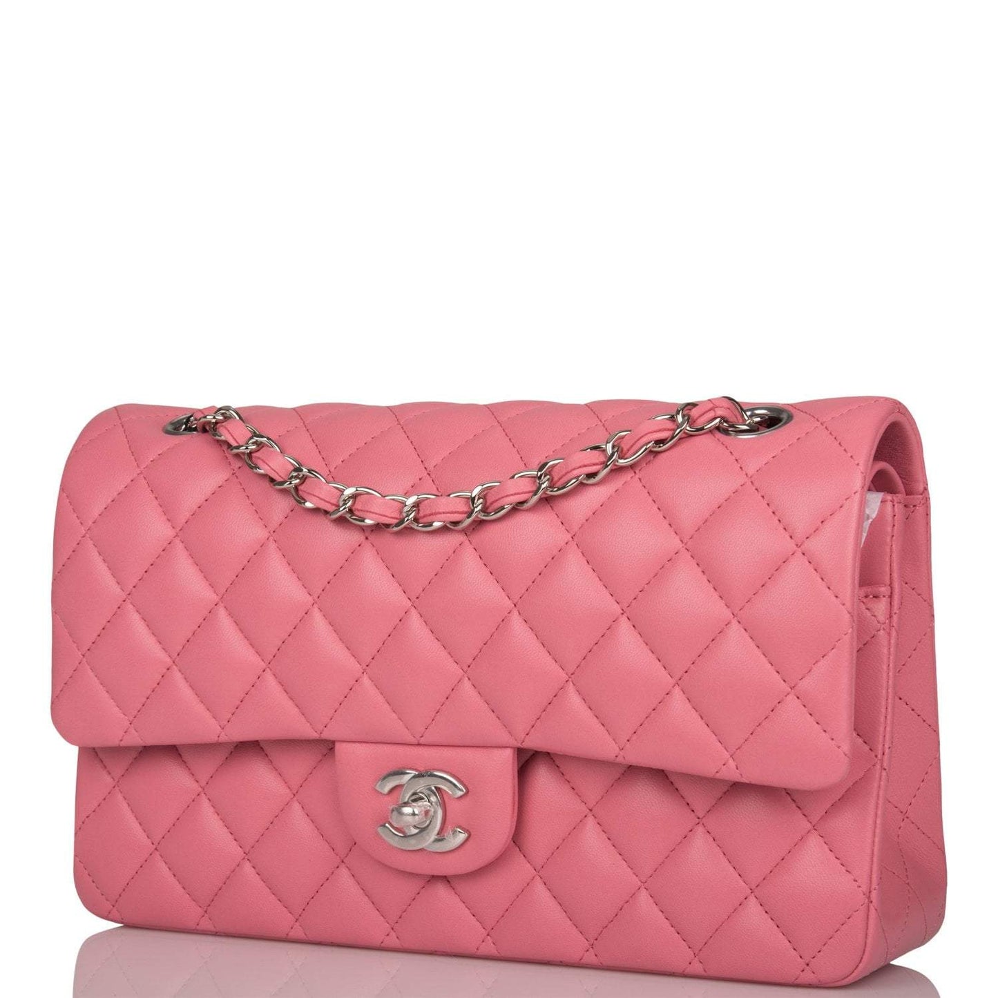 Chanel  Medium Classic Double Flap Bag Rose Quilted Lambskin Silver Hardware