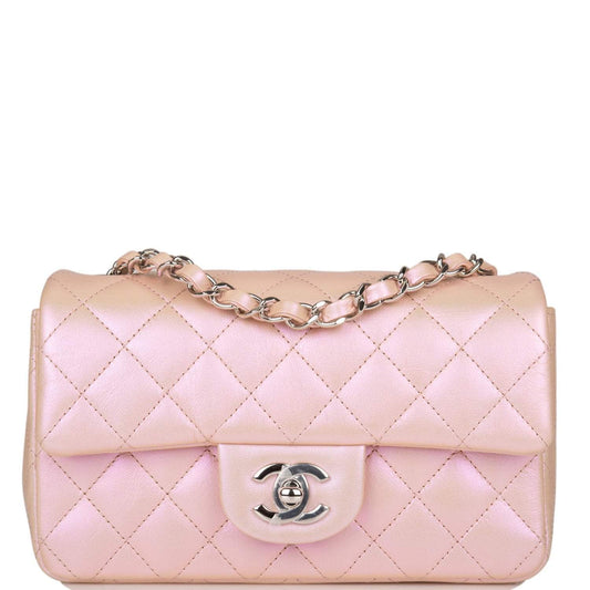 Chanel Mini Rectangular Flap Bag Pink Iridescent Lambskin Silver Hardware