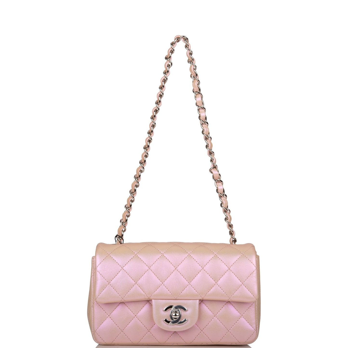 Chanel Mini Rectangular Flap Bag Pink Iridescent Lambskin Silver Hardware