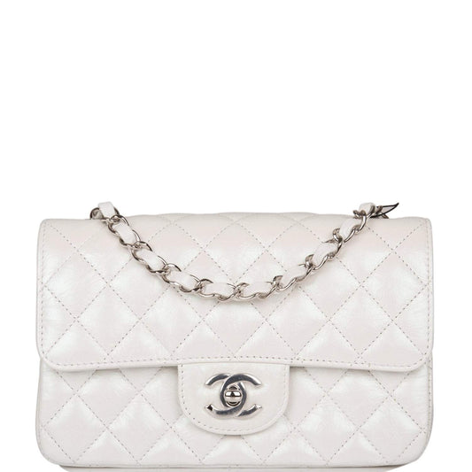 Chanel Mini Rectangular Flap Bag White Iridescent Lambskin Silver Hardware