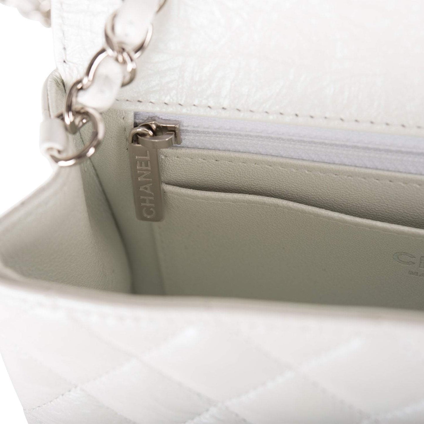 Chanel Mini Rectangular Flap Bag White Iridescent Lambskin Silver Hardware