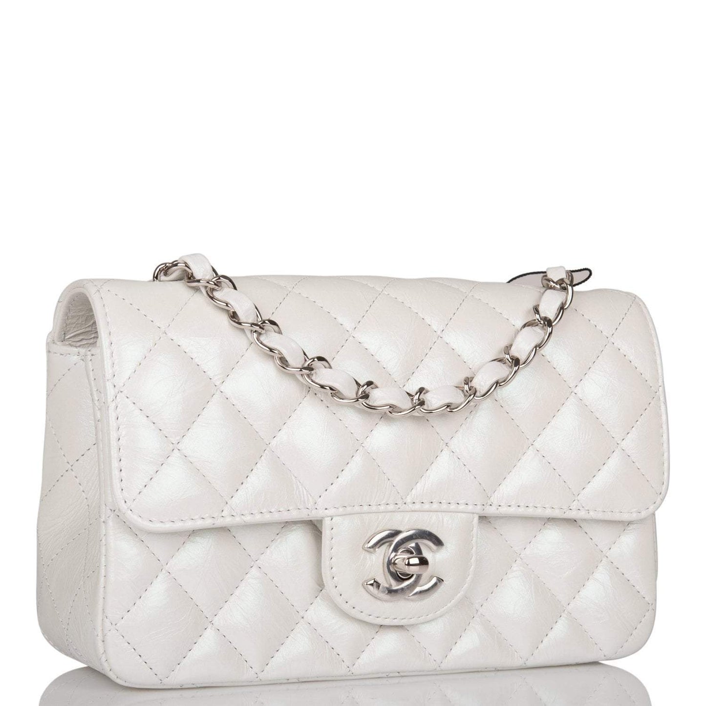 Chanel Mini Rectangular Flap Bag White Iridescent Lambskin Silver Hardware