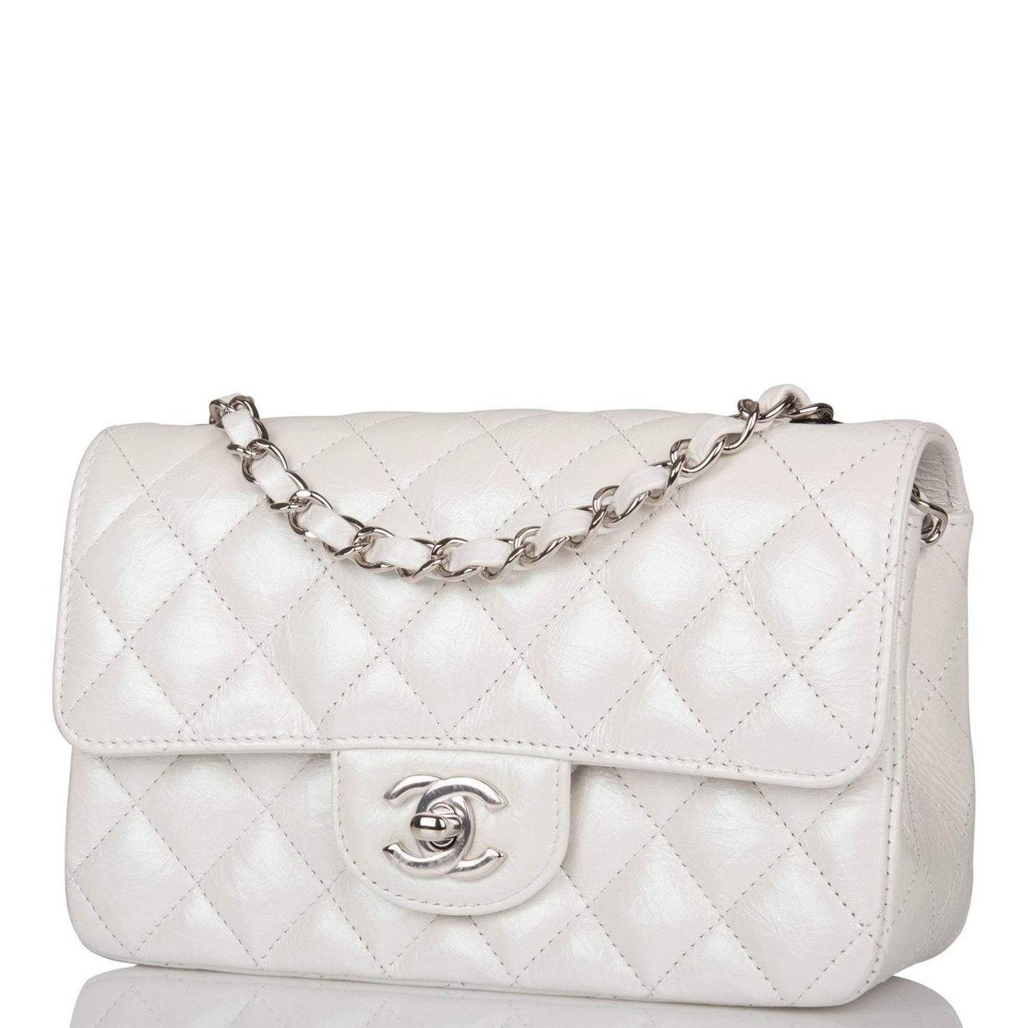 Chanel Mini Rectangular Flap Bag White Iridescent Lambskin Silver Hardware