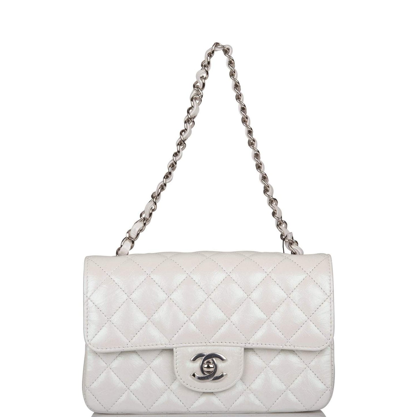 Chanel Mini Rectangular Flap Bag White Iridescent Lambskin Silver Hardware