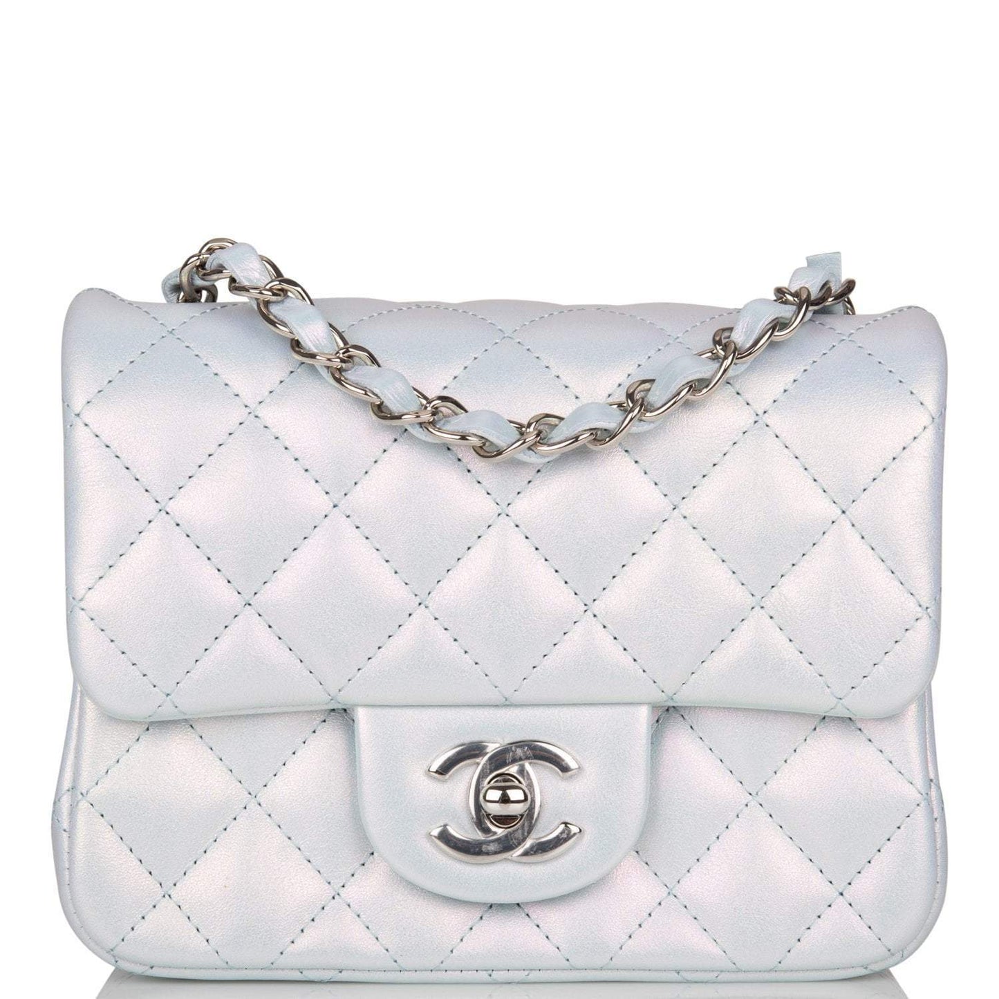 Chanel Mini Square Flap Bag Blue Iridescent Lambskin Silver Hardware