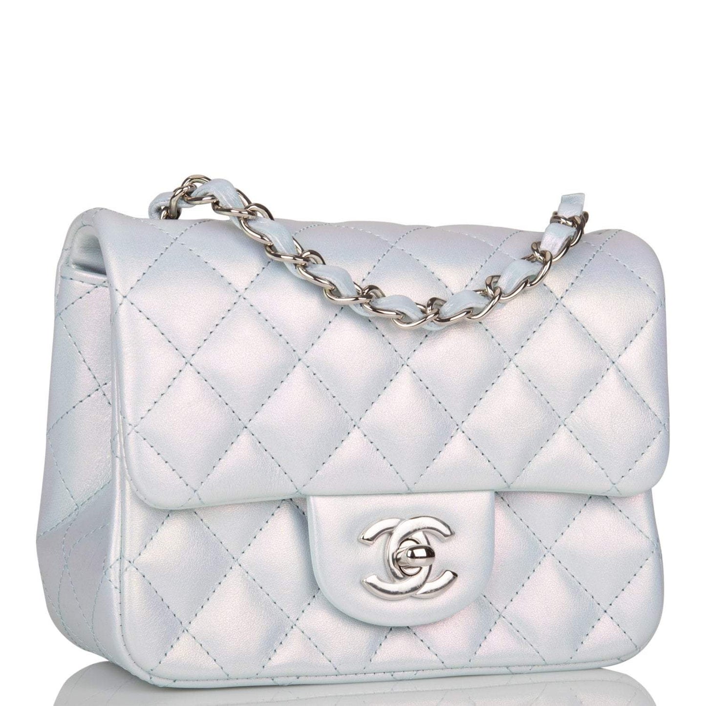 Chanel Mini Square Flap Bag Blue Iridescent Lambskin Silver Hardware