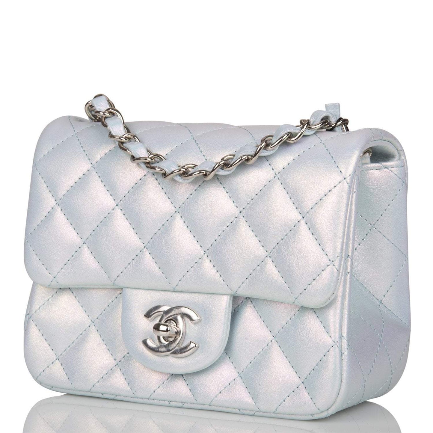 Chanel Mini Square Flap Bag Blue Iridescent Lambskin Silver Hardware