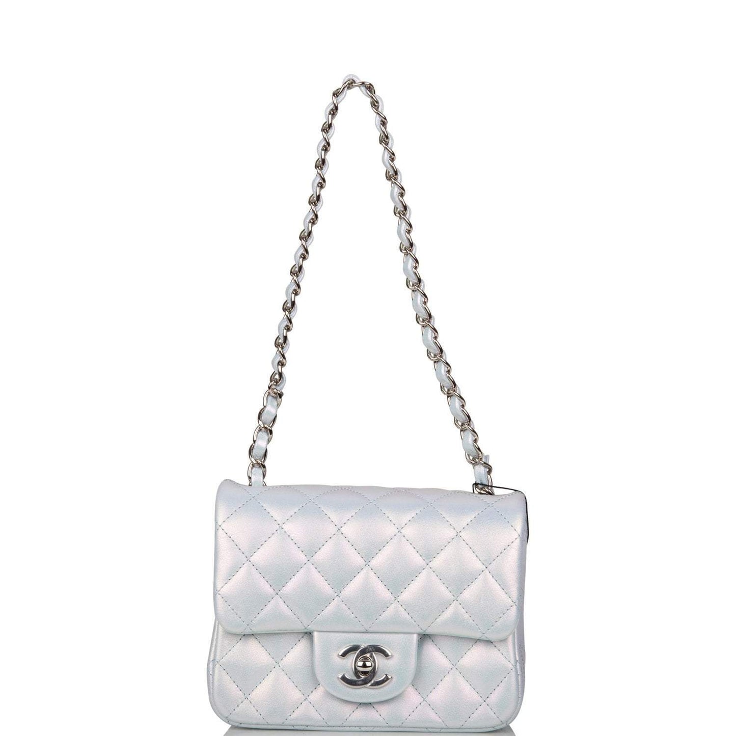 Chanel Mini Square Flap Bag Blue Iridescent Lambskin Silver Hardware